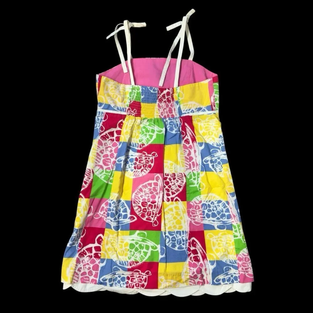 Lilly Pulitzer Girls Carolina Dress Size 8 Patchwork Turtles Tropical Preppy Bow